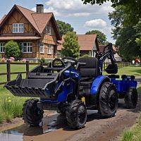 детский трактор, бульдозер, экскаватор supertoys sx2068: 2х200w, 24v 10ah, eva, с прицепом, кожа - синий - Raspashonka.ua